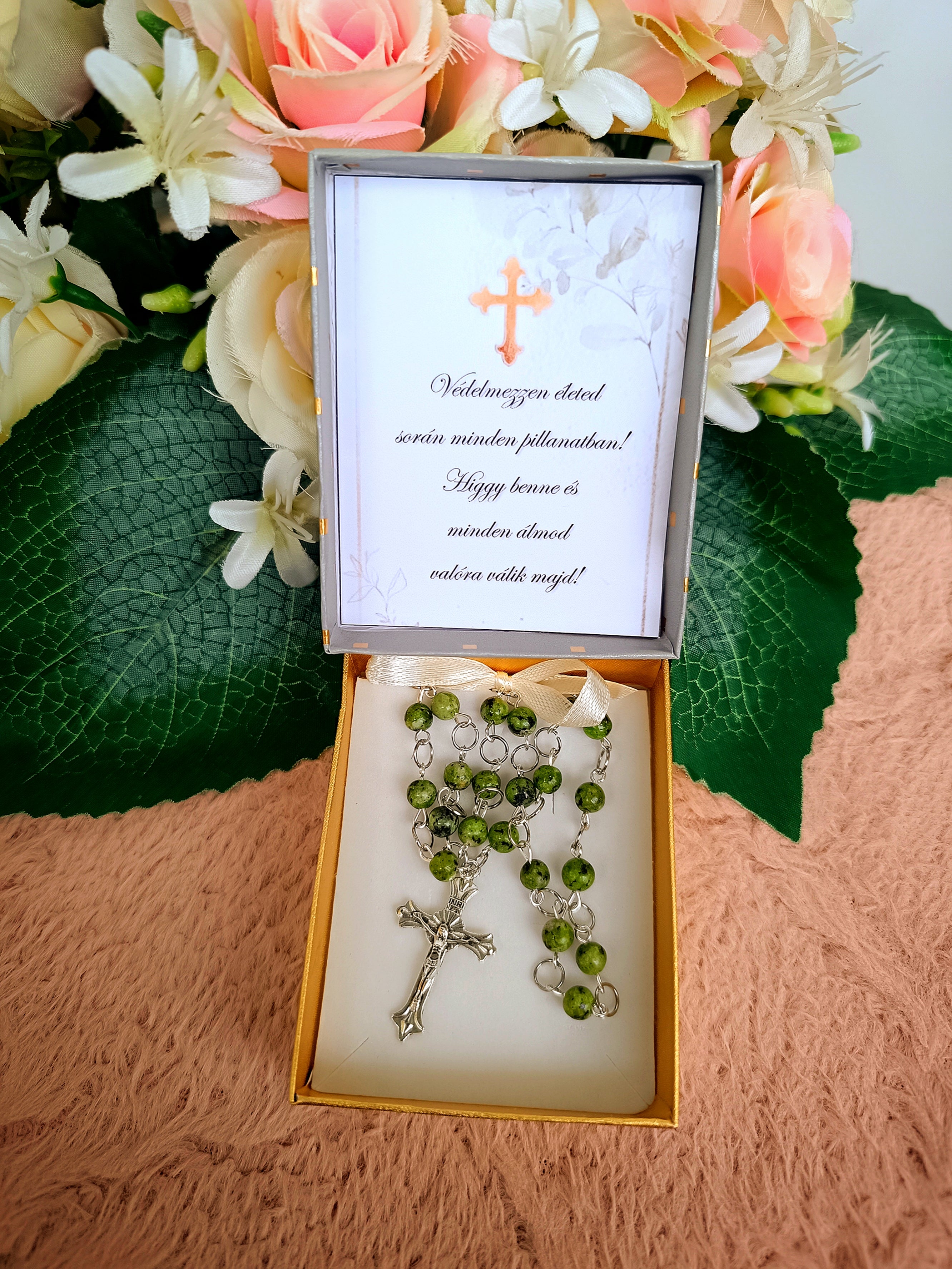 Keresztelő ajándék jáspis rózsafüzér